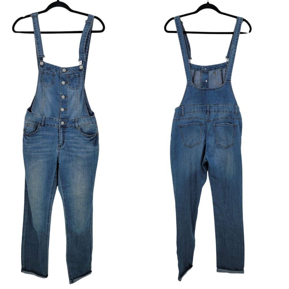Womens Denim Overalls Sz M Stretch Button Front Pocket Med Wash Country Farmcore